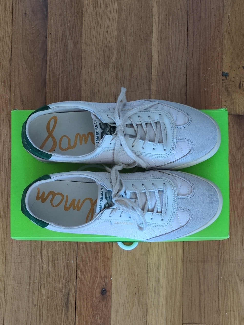Sam Edelman White Sneakers with Green Heel Accent